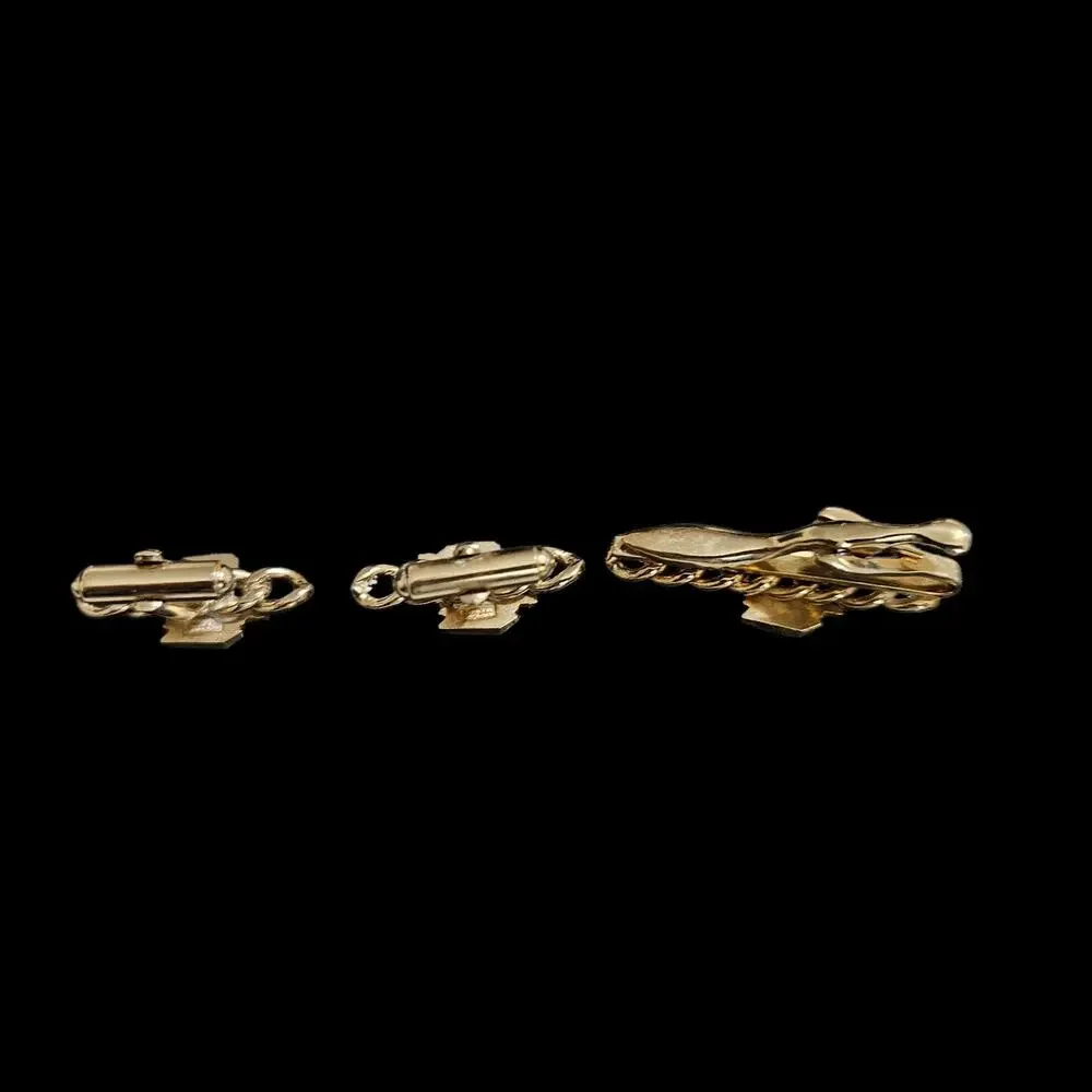 Krementz Gold Tone Engine Turned Cufflinks & Tie Clip Set Vintage Jewelry